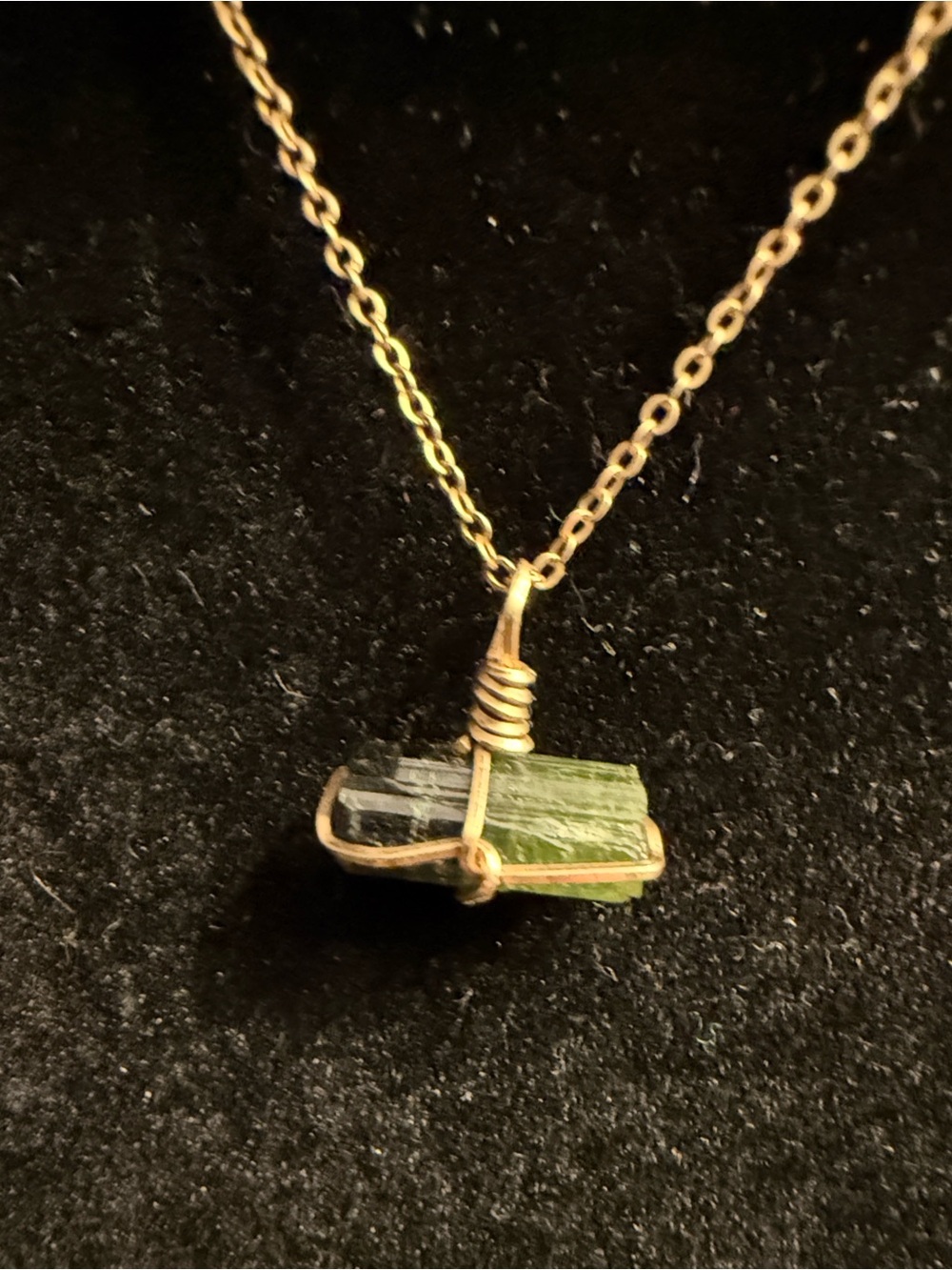 Artisan gold filled delicate necklace with genuine, green tourmaline wrapped